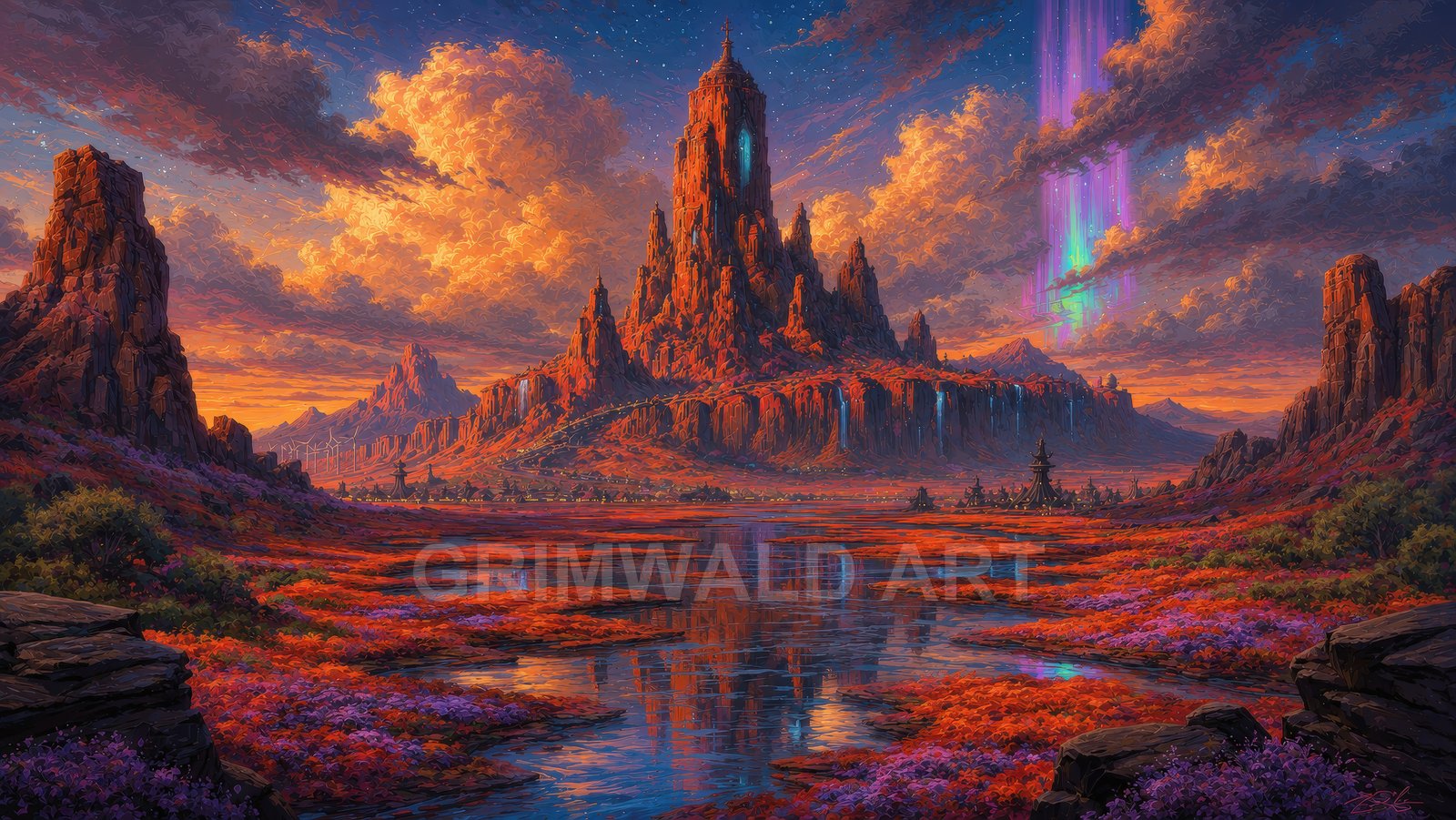 A towering red rock mountain rises above reflective marsh pools at sunset, with waterfalls, distant temples, and a vivid aurora illuminating dramatic clouds.