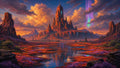 GRID THUMBNAIL — A towering red rock mountain rises above reflective marsh pools at sunset, with waterfalls, distant temples, and a vivid aurora illuminating dramatic clouds.