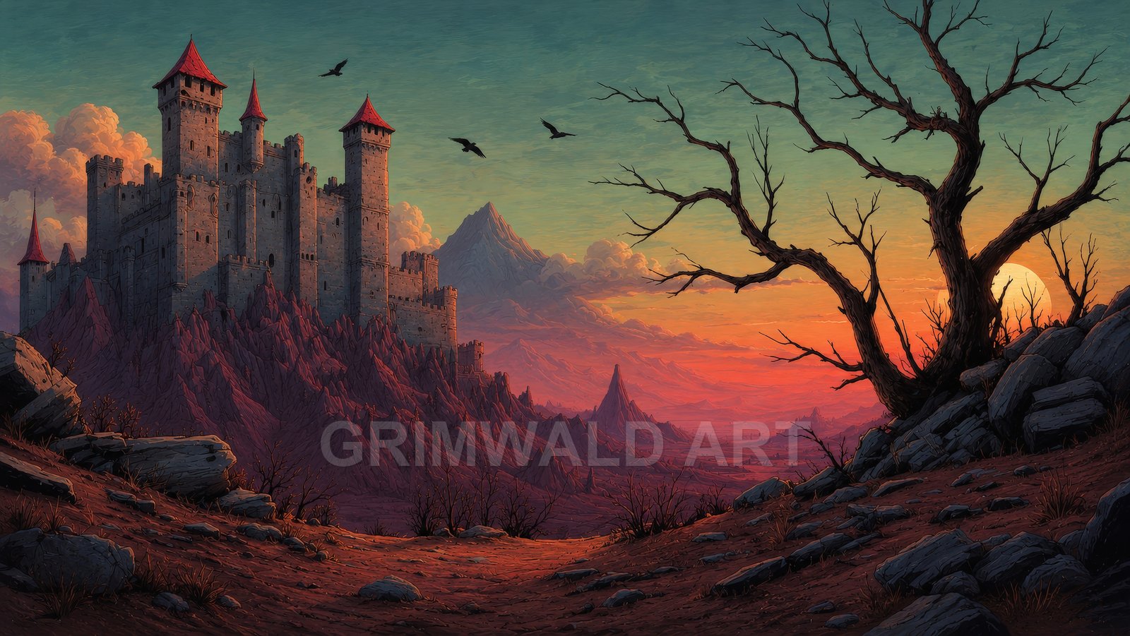A towering stone castle with red-roofed turrets rises above jagged red rocks, a twisted barren tree and ravens silhouetted against a fiery sunset.