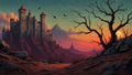 GRID THUMBNAIL — A towering stone castle with red-roofed turrets rises above jagged red rocks, a twisted barren tree and ravens silhouetted against a fiery sunset.