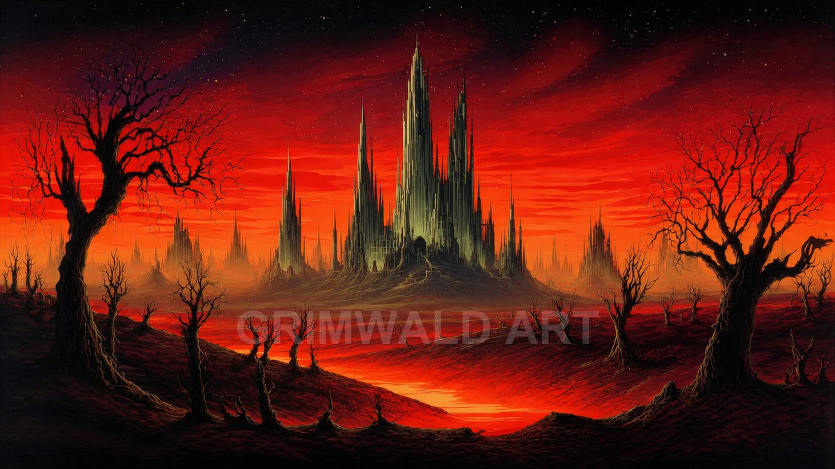 Dark spired castle rises from a barren wasteland under a blazing red sky, flanked by twisted dead trees and a glowing river.