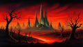 GRID THUMBNAIL — Dark spired castle rises from a barren wasteland under a blazing red sky, flanked by twisted dead trees and a glowing river.