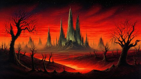 GRID THUMBNAIL — Dark spired castle rises from a barren wasteland under a blazing red sky, flanked by twisted dead trees and a glowing river.