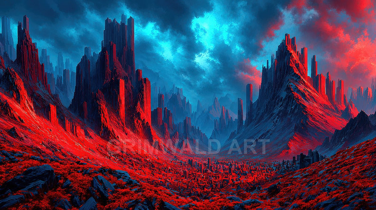 Fantasy landscape of jagged dark mountains and glowing crimson ground with countless stone spires across a vast valley beneath moody teal-blue clouds.