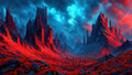 GRID THUMBNAIL — Fantasy landscape of jagged dark mountains and glowing crimson ground with countless stone spires across a vast valley beneath moody teal-blue clouds.