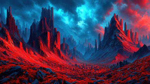 GRID THUMBNAIL — Fantasy landscape of jagged dark mountains and glowing crimson ground with countless stone spires across a vast valley beneath moody teal-blue clouds.