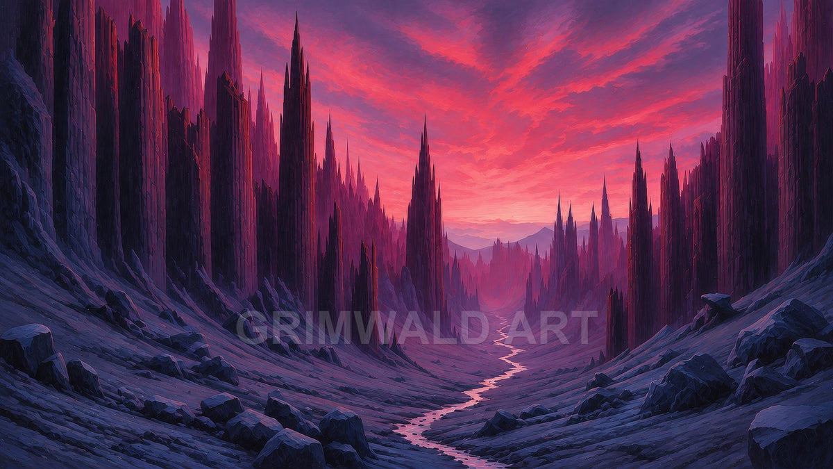 A winding silver river cuts through a valley of towering jagged rock spires beneath a vivid pink and purple sunset sky.