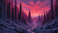 GRID THUMBNAIL — A winding silver river cuts through a valley of towering jagged rock spires beneath a vivid pink and purple sunset sky.