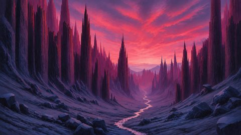 GRID THUMBNAIL — A winding silver river cuts through a valley of towering jagged rock spires beneath a vivid pink and purple sunset sky.
