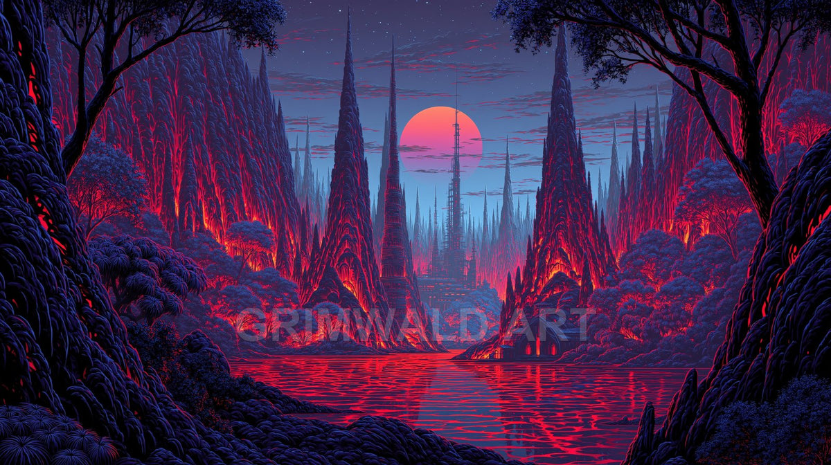 A twilight river reflects crimson light as needle-like mountains rise around a valley of dark trees, under a large rose moon and stars.
