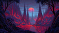 GRID THUMBNAIL — A twilight river reflects crimson light as needle-like mountains rise around a valley of dark trees, under a large rose moon and stars.