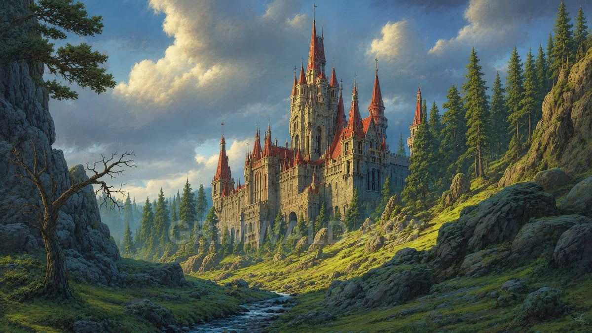 A grand stone castle with red spires rises above a pine forest in a sunlit mountain valley, with a winding stream under dramatic clouds.