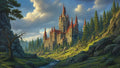 GRID THUMBNAIL — A grand stone castle with red spires rises above a pine forest in a sunlit mountain valley, with a winding stream under dramatic clouds.