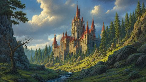 GRID THUMBNAIL — A grand stone castle with red spires rises above a pine forest in a sunlit mountain valley, with a winding stream under dramatic clouds.