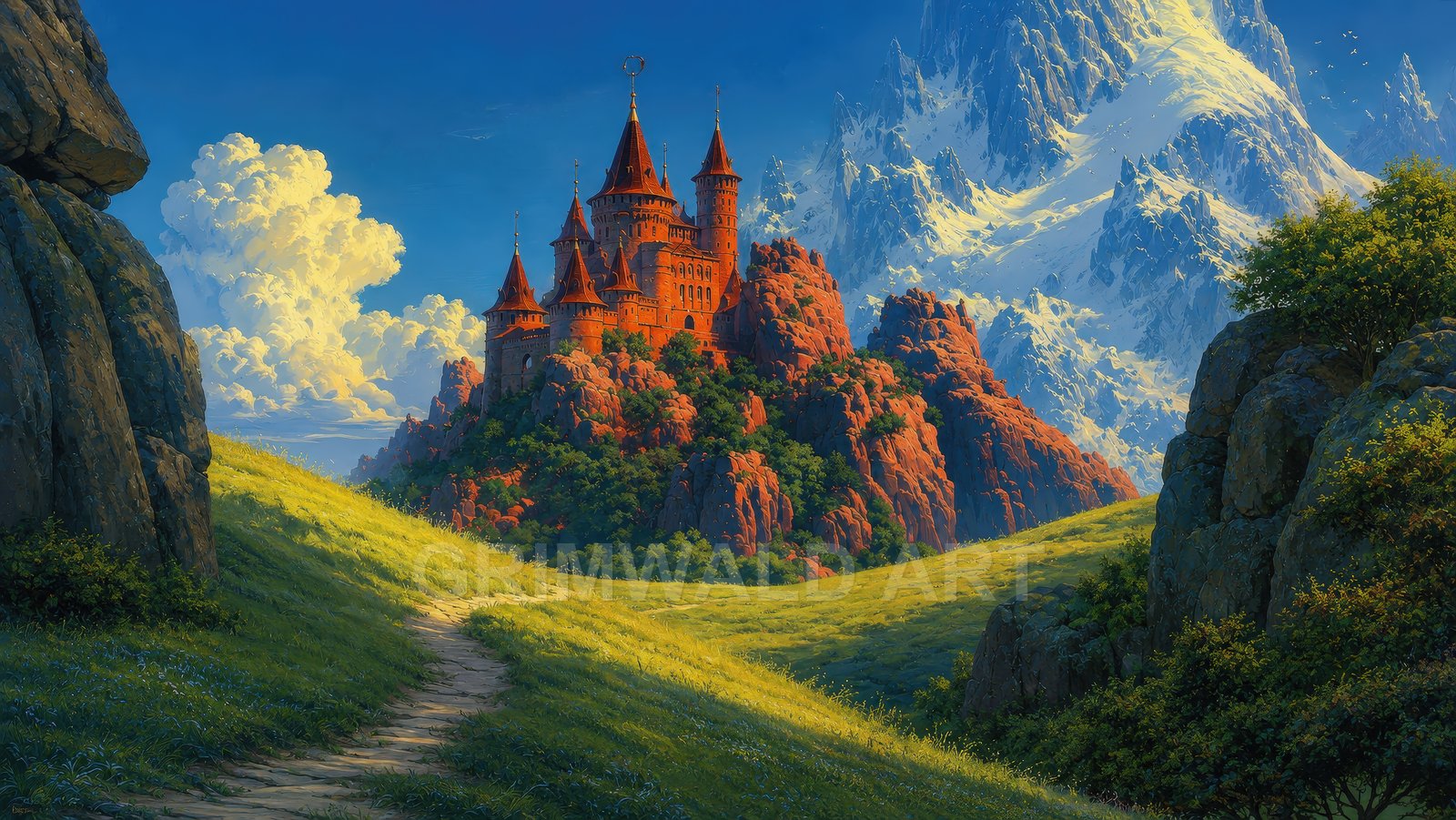 A red-turreted castle atop rocky hills in a sunlit green valley, with towering snow-capped mountains and billowing clouds under a clear blue sky.