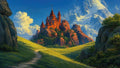 GRID THUMBNAIL — A red-turreted castle atop rocky hills in a sunlit green valley, with towering snow-capped mountains and billowing clouds under a clear blue sky.