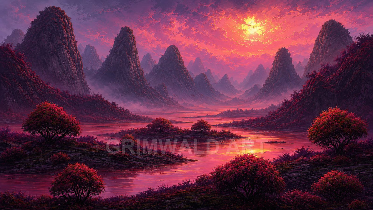 A retro fantasy sunset scene of jagged mountains, mist-filled valleys, and reflective rivers framed by crimson shrubs beneath a radiant pink-orange sky.