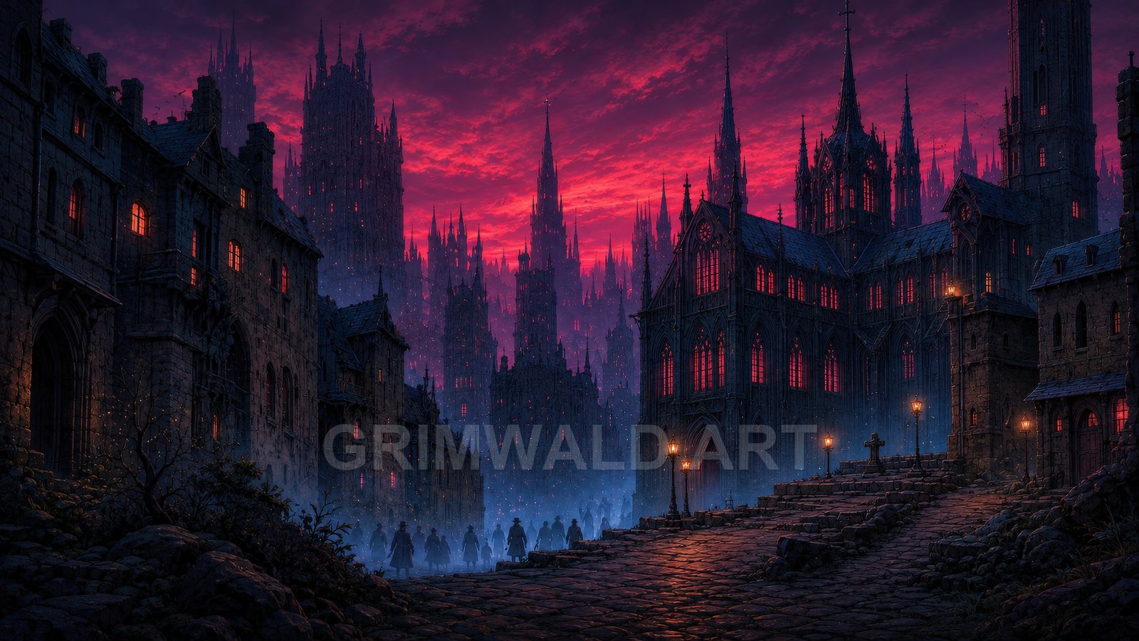Gothic cityscape at twilight with towering spires, red-lit windows, misty cobblestone street, lamplight, and distant figures amid a graveyard cross.
