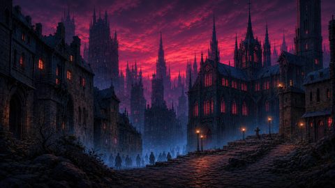 GRID THUMBNAIL — Gothic cityscape at twilight with towering spires, red-lit windows, misty cobblestone street, lamplight, and distant figures amid a graveyard cross.