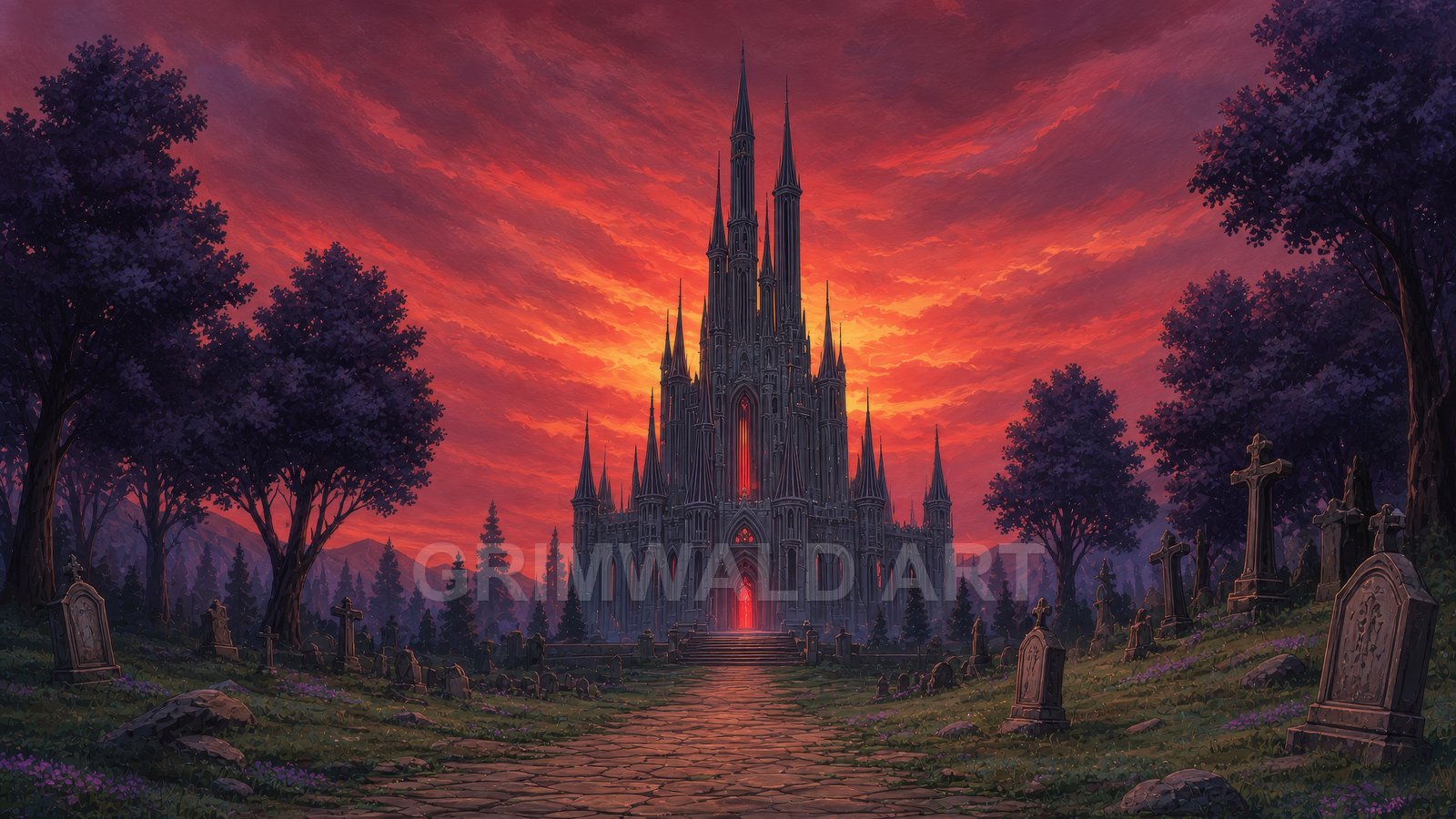 A towering gothic cathedral with glowing red windows looms beyond a graveyard, under an orange sunset sky, framed by dark trees and a stone path.
