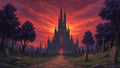 GRID THUMBNAIL — A towering gothic cathedral with glowing red windows looms beyond a graveyard, under an orange sunset sky, framed by dark trees and a stone path.