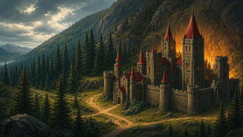 GRID THUMBNAIL — Red-roofed stone castle with tall spires in a pine forest valley beneath rugged mountains, glowing with warm light at sunset under dramatic clouds.