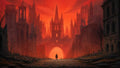 GRID THUMBNAIL — A lone figure walks along a ruined cobblestone street toward a towering Gothic citadel under a fiery red sky, flanked by desolate spires.