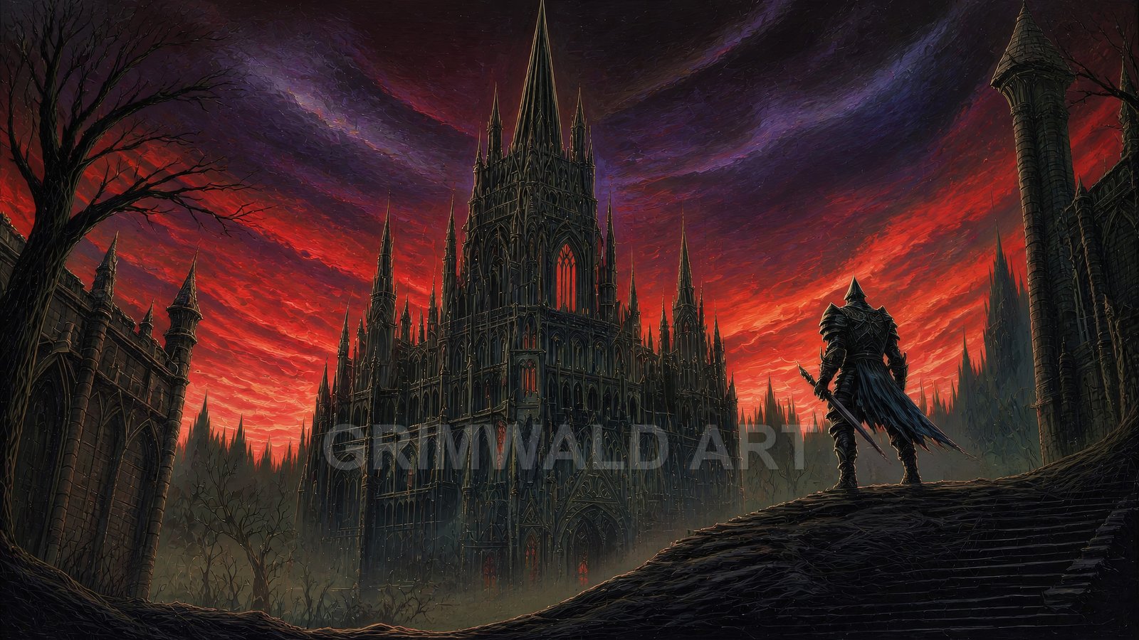 Gothic cathedral with many spires beneath a red swirling sunset sky, mist pooling below, an armoured figure watching from stone steps in the foreground.
