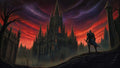GRID THUMBNAIL — Gothic cathedral with many spires beneath a red swirling sunset sky, mist pooling below, an armoured figure watching from stone steps in the foreground.
