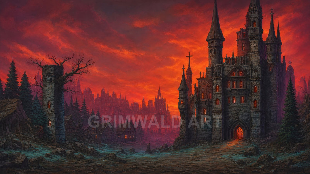 Gothic stone castle with glowing windows under a fiery red sunset sky, flanked by dark fir trees, a watchtower, and a distant spired cityscape.