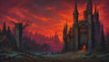 GRID THUMBNAIL — Gothic stone castle with glowing windows under a fiery red sunset sky, flanked by dark fir trees, a watchtower, and a distant spired cityscape.