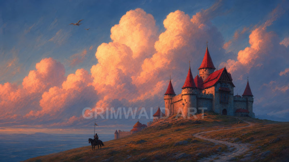 Hilltop stone castle with red spires at sunset, vast glowing clouds, a lone rider on a winding path, and two dragons overhead.