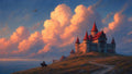 GRID THUMBNAIL — Hilltop stone castle with red spires at sunset, vast glowing clouds, a lone rider on a winding path, and two dragons overhead.