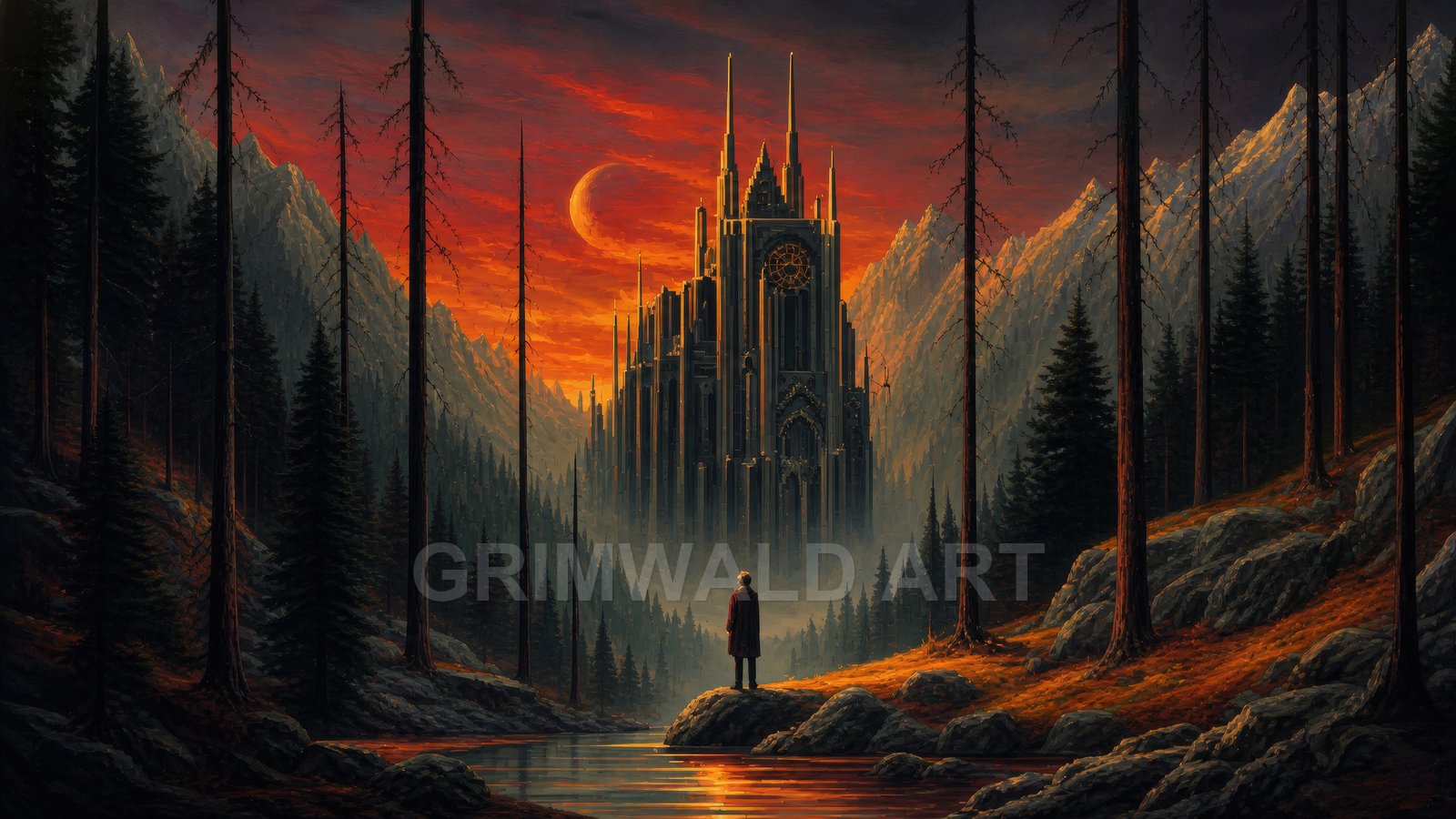 A lone figure stands by a reflective stream in a pine forest, gazing toward a towering gothic castle beneath a blazing orange sunset.
