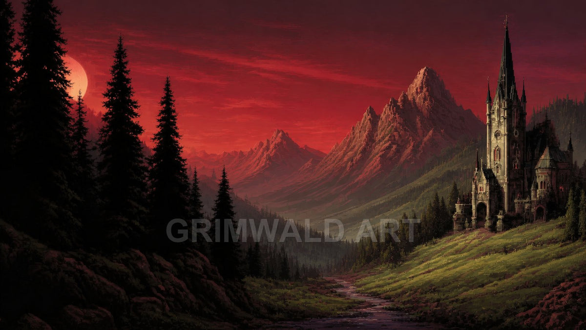 Gothic castle with tall spires overlooks a winding river and pine valley, set against jagged mountains and a red sunset sky.
