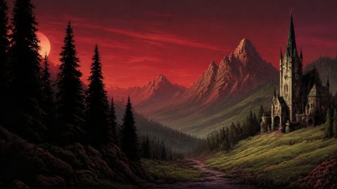 GRID THUMBNAIL — Gothic castle with tall spires overlooks a winding river and pine valley, set against jagged mountains and a red sunset sky.