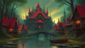 GRID THUMBNAIL — Fantasy canal town with red-roofed castle, glowing windows, arched bridge and moored boat at twilight, surrounded by trees and timbered houses.