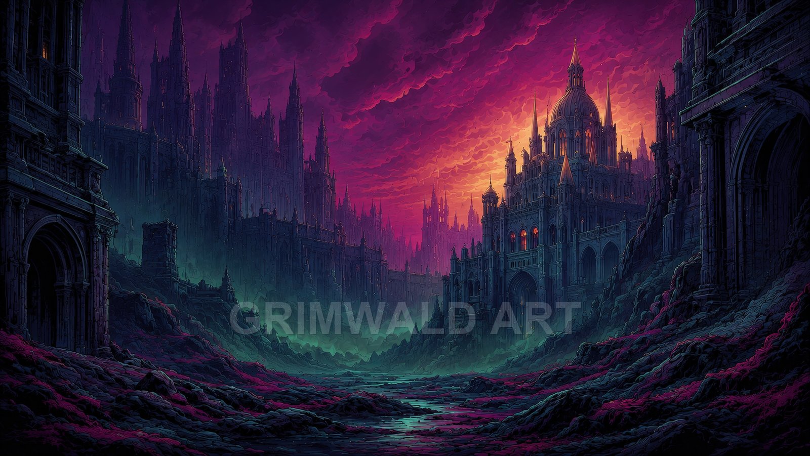 Vast gothic castle-city with glowing windows beneath a purple and orange sunset sky, looming spires, rocky ravine foreground and misty green light.