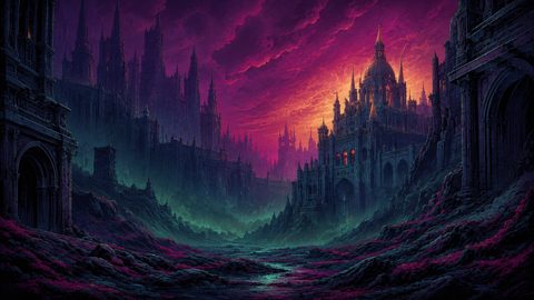 GRID THUMBNAIL — Vast gothic castle-city with glowing windows beneath a purple and orange sunset sky, looming spires, rocky ravine foreground and misty green light.
