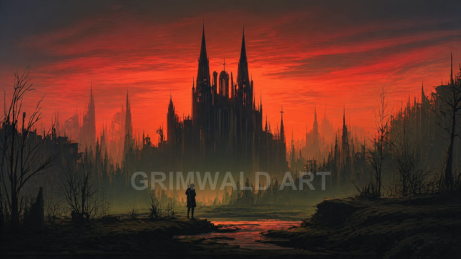 A towering gothic citadel rises above a ruined city at red sunset, viewed across a muddy stream and leafless trees, with a solitary cloaked figure.