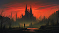 GRID THUMBNAIL — A towering gothic citadel rises above a ruined city at red sunset, viewed across a muddy stream and leafless trees, with a solitary cloaked figure.