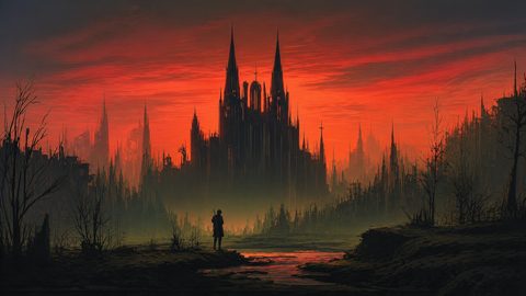 GRID THUMBNAIL — A towering gothic citadel rises above a ruined city at red sunset, viewed across a muddy stream and leafless trees, with a solitary cloaked figure.