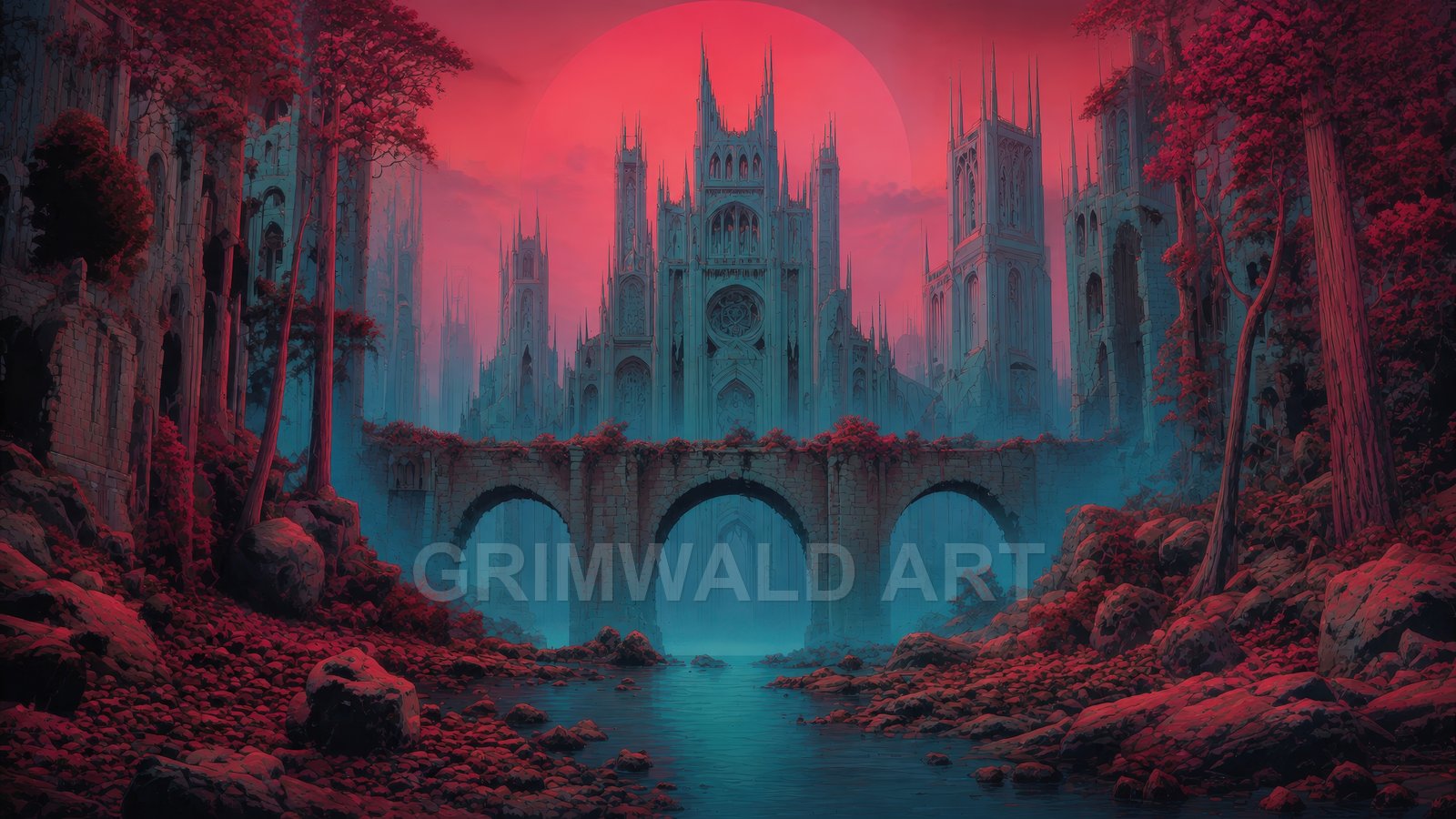 Grand gothic cathedral city beyond an ivy-covered stone bridge over a misty river, under a vast crimson sunset with red foliage.