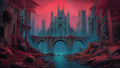 GRID THUMBNAIL — Grand gothic cathedral city beyond an ivy-covered stone bridge over a misty river, under a vast crimson sunset with red foliage.