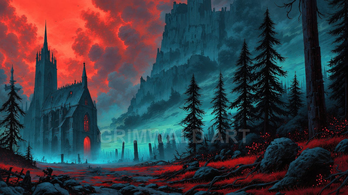 Gothic cathedral amid dark pine forest under a searing red sunset, mist veiling a mountain valley and distant cliffside fortress.