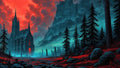 GRID THUMBNAIL — Gothic cathedral amid dark pine forest under a searing red sunset, mist veiling a mountain valley and distant cliffside fortress.