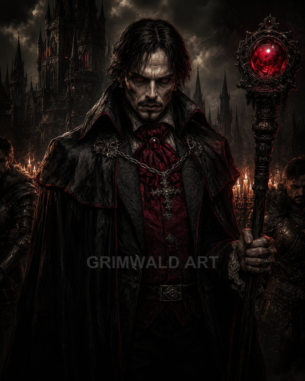 Pale male vampire sorcerer in black and red attire grips a staff topped with a glowing crimson orb before a candlelit gothic castle.