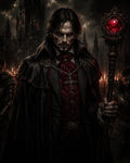 GRID THUMBNAIL — Pale male vampire sorcerer in black and red attire grips a staff topped with a glowing crimson orb before a candlelit gothic castle.