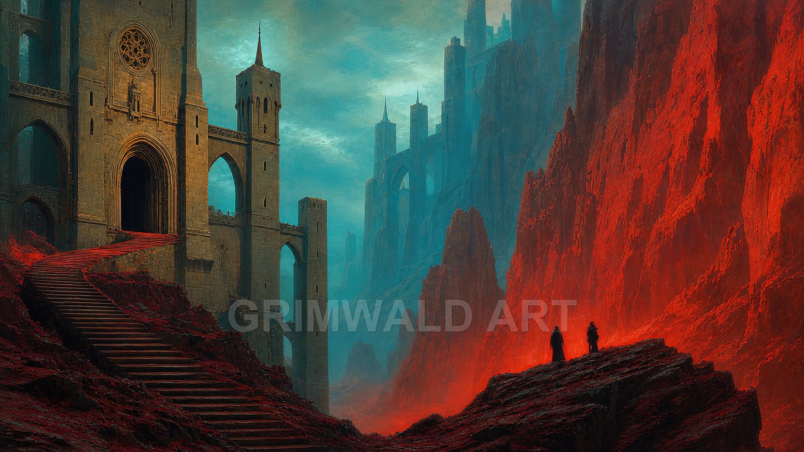 Gothic stone citadel with arched towers rises beside glowing red cliffs, a winding stairway and two cloaked figures under a moody turquoise sky.