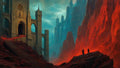 GRID THUMBNAIL — Gothic stone citadel with arched towers rises beside glowing red cliffs, a winding stairway and two cloaked figures under a moody turquoise sky.